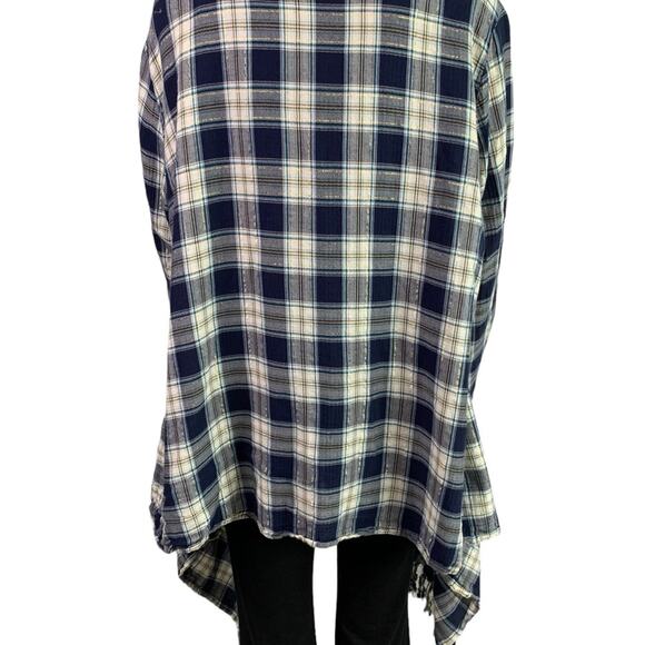 Krazy Kat Women’s 2X Blouse Blue White Plaid Open Front Fringed Trim 3/4 sleeves - Picture 9 of 15